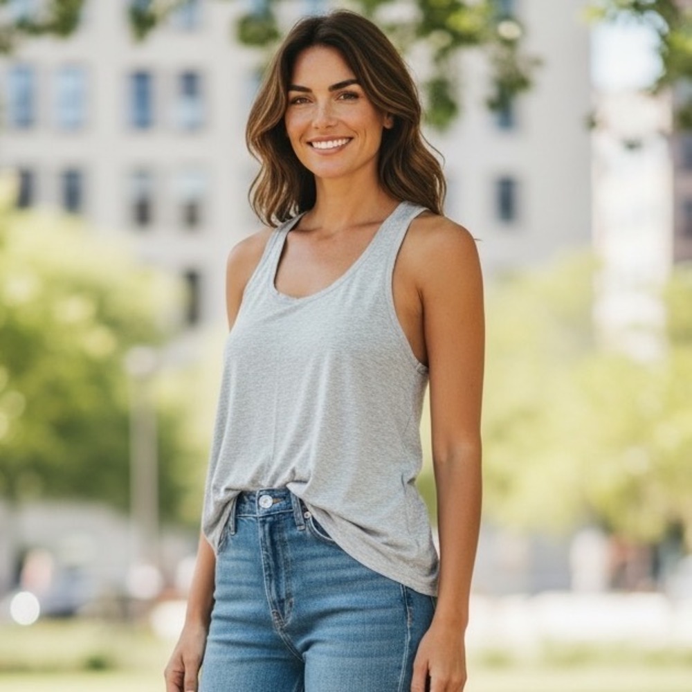 Fabletics Heather Gray Racerback Tank Top Scoop Neck Flowy Activewear Athleisure